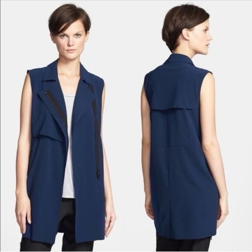 Vince Laser Cut Trench Vest Longline Navy Blue Zip Front Size XS